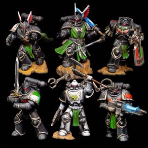 May include: Six miniature figurines of armored warriors in various poses. The figures are primarily black, silver, and white, with accents of red, green, and blue. Each figure is posed on a small, tan-colored base, and some are holding weapons.