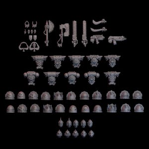 May include: A collection of gray miniature weapon and armor components, including axes, chainswords, helmets, and shoulder pads. The components are designed for miniature wargaming and are arranged against a black background.