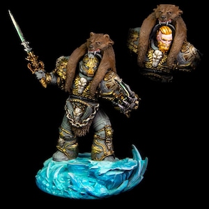 May include: A detailed miniature figure of a warrior in ornate armor, holding a sword with a green blade. The figure is adorned with a bear pelt and stands on a blue ice base. A second bust of the warrior is also visible.