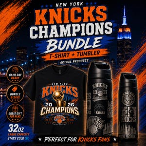 May include: A black t-shirt and two black tumblers featuring New York Knicks graphics. The shirt displays a championship trophy and the text New York Knicks Champions 2026. The tumblers feature basketball motifs and the text New York Knicks 1937.