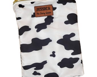 Tasche für Brustpumpenteile mit Kuhmuster – Personalisierter Lederflicken (selbstklebend), wasserdichtes PUL-Futter