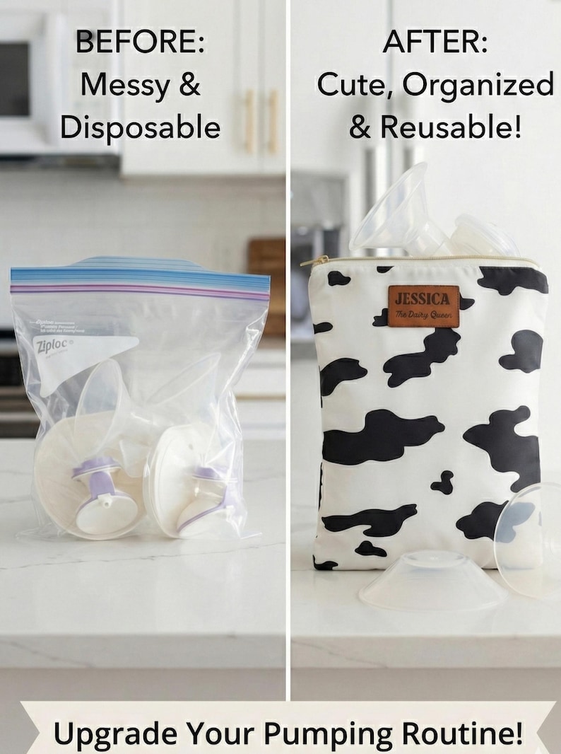 K&ouml;nnte beinhalten: Ein Vergleich der Aufbewahrung von Milchpumpen: ein durchsichtiger Ziploc-Plastikbeutel mit Pumpenteilen, beschriftet mit 'BEFORE: Messy & Disposable', und eine Rei&szlig;verschlusstasche mit Kuhmuster, beschriftet mit 'AFTER: Cute, Organized & Reusable!' sowie dem Text 'Upgrade Your Pumping Routine!'