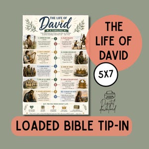 Puede incluir: Un póster educativo vertical titulado The Life of David A Timeline, que presenta diez eventos históricos numerados con ilustraciones, fechas y referencias bíblicas. El diseño incluye una línea de tiempo central, hojas decorativas y una sección en la parte inferior titulada Key Truths From David's Life con iconos de un corazón, cruz, corona y cofre.