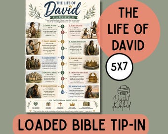 Op de afbeelding: Een verticale educatieve poster getiteld The Life of David A Timeline, met tien genummerde historische gebeurtenissen inclusief illustraties, data en bijbelverwijzingen. Het ontwerp bevat een centrale tijdlijn, decoratieve bladeren en een sectie onderaan genaamd Key Truths From David's Life met iconen van een hart, kruis, kroon en kist.
