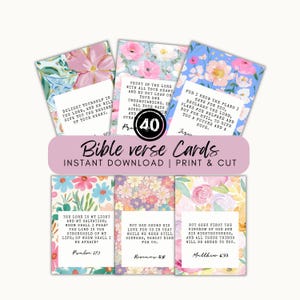 May include: A set of six rectangular cards featuring floral patterns in pink, blue, yellow, and green, each with a white centre box containing black printed Bible verses and citations. The text includes 40 Bible verse Cards Instant Download Print & Cut.