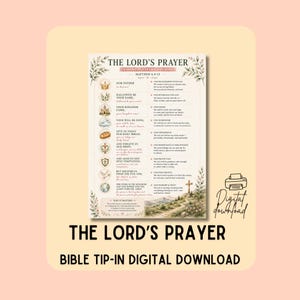 May include: A vertical rectangular print titled The Lord's Prayer featuring Matthew 6:9-13. The design includes a list of prayer lines with corresponding circular icons, botanical illustrations, and a landscape scene with a cross at the bottom.