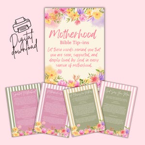 May include: Digital download with the word "Motherhood" and "Bible Tip-ins" in a floral design. The image includes four cards with text and floral accents, and a printer icon, all on a pink background.