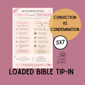 Può includere: Un foglio informativo rosa chiaro intitolato The Difference Between Conviction and Condemnation. Presenta due colonne che confrontano concetti spirituali con icone, testo e piccoli fiocchi rosa. Il testo include versetti biblici e definizioni.