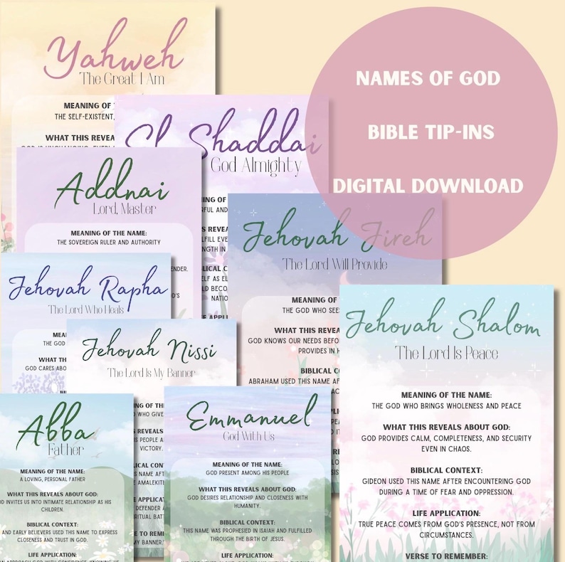 May include: A collection of digital download cards featuring the Names of God, including Yahweh, El Shaddai, Jehovah Jireh, Jehovah Rapha, Jehovah Nissi, Jehovah Shalom, Abba, and Emmanuel, with pastel watercolor backgrounds and descriptive text.