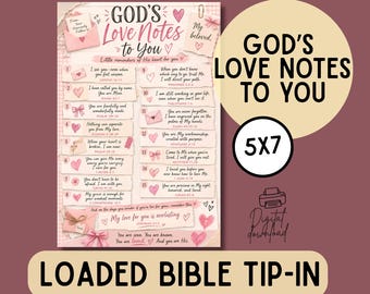 May include: A 5x7 digital download print titled God's Love Notes to You, featuring a list of fifteen numbered Bible verses on a light pink background with illustrations of envelopes, hearts, and bows, designed as a loaded Bible tip-in.