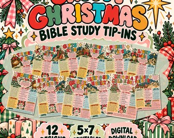 Op de afbeelding: Een verzameling van 12 printbare bijbelstudie-inlegvellen met kleurrijke retro-typografie en kerstillustraties. De tekst luidt Groovy Christmas Bible Study Tip-Ins, 12 Designs, 5x7 Printables en Digital Download.