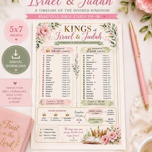 Könnte beinhalten: Ein 12,7 x 17,8 cm großer digitaler Download-Druck mit dem Titel Kings of Israel & Judah, A Timeline of the Divided Kingdom. Das Dokument listet Könige mit Bibelstellen auf und enthält Blumenillustrationen, goldene Kronen und eine Zusammenfassung.