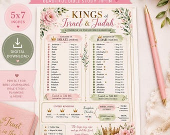 Op de afbeelding: Een 12,7 x 17,8 cm digitale download print getiteld Kings of Israel & Judah, A Timeline of the Divided Kingdom. Het document bevat een lijst met koningen met bijbelverwijzingen, bloemillustraties, gouden kronen en een samenvatting van het verdeelde koninkrijk.