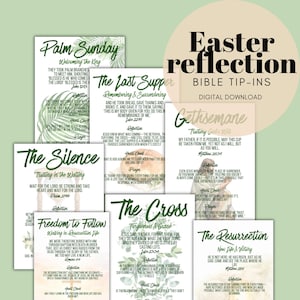 May include: A collection of Bible tip-in cards with titles like "Palm Sunday," "The Last Supper," and "The Resurrection." The cards feature handwritten-style text and decorative elements in shades of green, beige, and brown. The words "Easter reflection" are at the top.