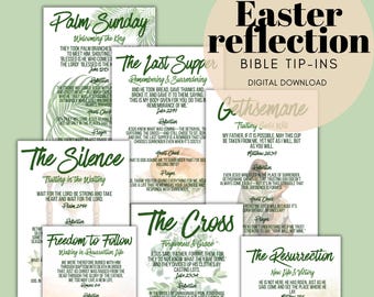 Op de afbeelding: Een verzameling Bijbelse tip-in-kaarten met titels als "Palm Sunday", "The Last Supper" en "The Resurrection". De kaarten bevatten tekst in handschriftstijl en decoratieve elementen in groen, beige en bruin. De woorden "Easter reflection" staan bovenaan.