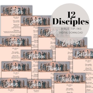 May include: A collection of 12 digital Bible tip-ins featuring illustrations of disciples in robes on a desert landscape. Each page includes the name of a disciple in white script, key verses, personality traits, and summaries on a light peach background.