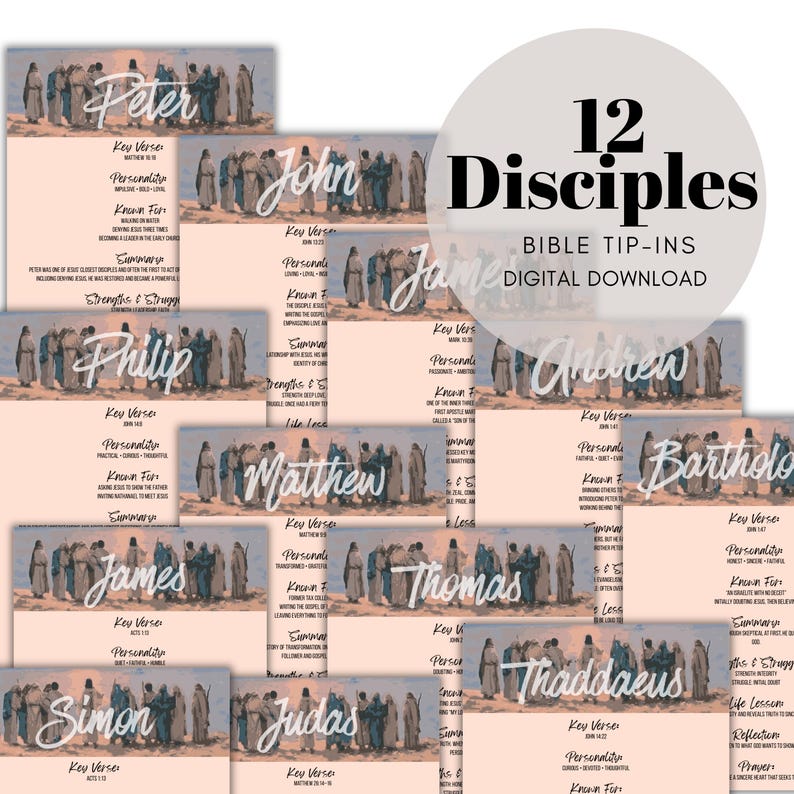 May include: A collection of 12 digital Bible tip-ins featuring illustrations of disciples in robes on a desert landscape. Each page includes the name of a disciple in white script, key verses, personality traits, and summaries on a light peach background.