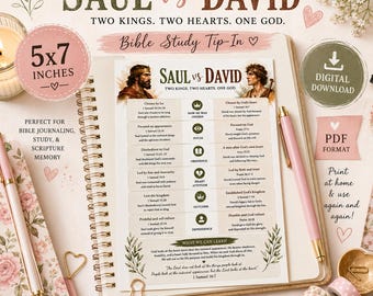 Op de afbeelding: Een digitaal bijbelstudieblad getiteld Saul vs David, Two Kings. Two Hearts. One God. De 12,7 x 17,8 cm printbare kaart bevat een vergelijkingstabel met iconen, tekst en illustraties van Saul en David, ontworpen voor bijbeljournaling.