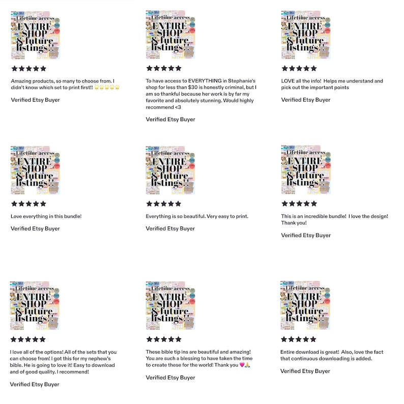 May include: A digital product listing graphic featuring the text Lifetime access ENTIRE SHOP & future listings in bold black font. The background displays a collage of colorful, patterned paper designs and various printed stationery elements.