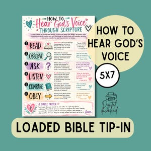 Puede incluir: Una guía digital de 5x7 pulgadas titulada How to Hear God's Voice Through Scripture. El documento incluye seis pasos numerados: Read, Observe, Ask, Listen, Compare y Obey, cada uno decorado con detalles en acuarela e iconos temáticos.