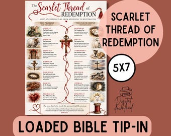 Op de afbeelding: Een gedrukte Bijbel-insteekpagina getiteld The Scarlet Thread of Redemption, met een centrale rode draad die verschillende bijbelse illustraties en schriftverwijzingen uit het Oude en Nieuwe Testament verbindt, waaronder een kruis, een lam en een kroon.