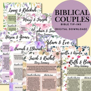 May include: A collection of digital download Bible tip-ins featuring the stories of Biblical couples. Each card includes the couple's names, a story summary, and key takeaways. The cards have floral accents and are designed for religious study.