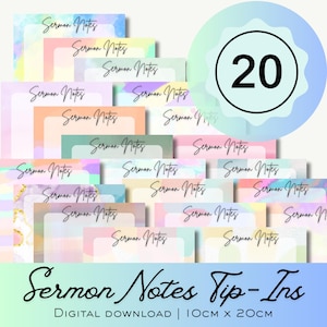 Puede incluir: Una colección de "Sermon Notes Tip-Ins" en colores pastel, cada uno con un fondo similar a una acuarela y la inscripción "Sermon Notes" en escritura cursiva. Un gráfico circular muestra el número 20. La descarga digital mide 10cm x 20cm.
