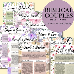 May include: A collection of digital tip-ins featuring floral designs and text summaries of biblical couples including Isaac and Rebekah, Mary and Joseph, and Ruth and Boaz. The pages contain headers, story summaries, and sections titled Strength of Their Union and What We Learn, all decorated with watercolor flowers.