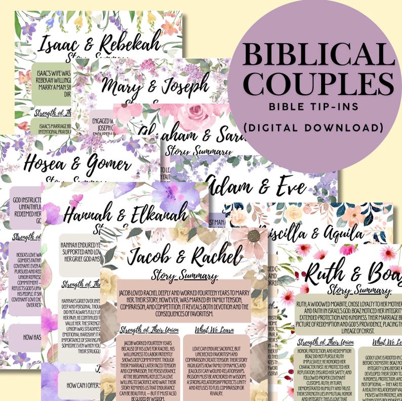 May include: A collection of digital tip-ins featuring floral designs and text summaries of biblical couples including Isaac and Rebekah, Mary and Joseph, and Ruth and Boaz. The pages contain headers, story summaries, and sections titled Strength of Their Union and What We Learn, all decorated with watercolor flowers.
