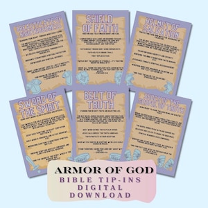 May include: Six rectangular cards with light purple borders and tan centers, each featuring text about the Armor of God. The cards depict the Breastplate of Righteousness, Shield of Faith, Helmet of Salvation, Sword of the Spirit, Belt of Truth, and Shoes of the Gospel of Truth with corresponding blue line art illustrations.