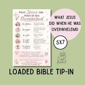 May include: A rectangular printable card titled What Jesus Did When He Was Overwhelmed, featuring pink and brown text, five circular icons with illustrations, and corresponding Bible verses. The design includes small heart accents and text.