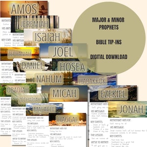 May include: A digital download graphic featuring the names of the Major and Minor Prophets of the Bible. Each prophet's name is displayed on a rectangular banner with a landscape image background. The text "Major & Minor Prophets" is also visible.