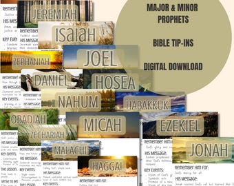 Op de afbeelding: Een verzameling digitale bijbel-tip-ins met de namen van grote en kleine profeten, waaronder Amos, Jeremia, Jesaja, Joël, Daniël, Hosea, Nahum, Habakuk, Obadja, Zacharia, Micha, Ezechiël, Maleachi, Haggai en Jona met tekst.