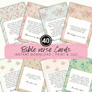 May include: A collection of 40 rectangular cards featuring floral patterns in shades of pink, green, and blue. Each card displays a white central panel with black printed Bible verses and citations. The text includes phrases like John 3:16, Romans 8:28, Proverbs 3:5-6, Philippians 4:13, Matthew 28:19, Psalm 23:1, Romans 12:2, and Psalm 46:10.