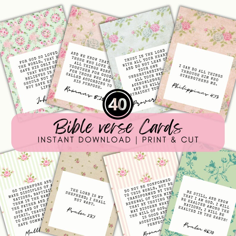 May include: A collection of 40 rectangular cards featuring floral patterns in shades of pink, green, and blue. Each card displays a white central panel with black printed Bible verses and citations. The text includes phrases like John 3:16, Romans 8:28, Proverbs 3:5-6, Philippians 4:13, Matthew 28:19, Psalm 23:1, Romans 12:2, and Psalm 46:10.