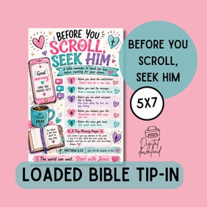 Może przedstawiać: Cyfrowy wydruk zatytułowany Before You Scroll, Seek Him przedstawiający różowy smartfon, turkusowy kubek z napisem But First Pray oraz otwartą Biblię. Grafika zawiera pięć ponumerowanych kroków, poranną modlitwę oraz tekst The world can wait. Start with Jesus.