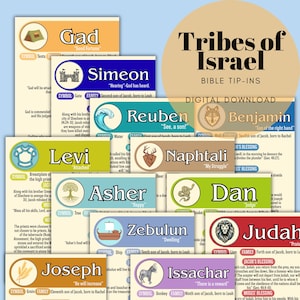 May include: A collection of digital download Bible tip-ins titled Tribes of Israel. Each card features a specific tribe name, a symbolic icon like a tent, gate, wave, wolf, breastplate, deer, tree, snake, ship, lion, grain, or donkey, and descriptive text.
