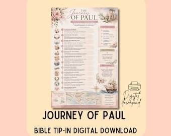 Op de afbeelding: Een verticaal informatieblad getiteld The Journey of Paul met een kaart van de Middellandse Zee, een tijdlijn van gebeurtenissen met ronde iconen, bloemillustraties en tekst over bijbelse geschriften, doel en nalatenschap.