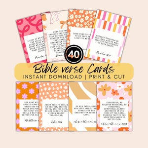 May include: A collection of forty rectangular cards featuring various colorful patterns including pink swirls, orange bows, daisies, and stripes. Each card displays a white central box containing a printed Bible verse and citation in black text.