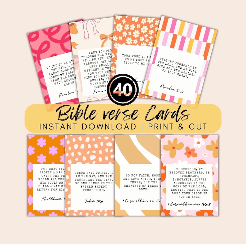 May include: A collection of forty rectangular cards featuring various colorful patterns including pink swirls, orange bows, daisies, and stripes. Each card displays a white central box containing a printed Bible verse and citation in black text.