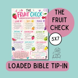 May include: A digital download Bible tip-in titled The Fruit Check, featuring a 5x7 grid of nine virtues including love, joy, and peace. Each section contains checkboxes and questions, decorated with colorful fruit illustrations like strawberries, cherries, and grapes.