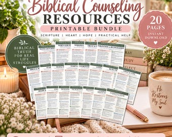 Op de afbeelding: Een printbare bundel van 20 pagina's getiteld Biblical Counseling Resources. De documenten bevatten tekst over onderwerpen als schrift, hart, hoop en praktische hulp. De pagina's zijn gestapeld, met koppen waaronder Vertrouwen op God, Wijsheid, Vergeving, Angst, Verleiding, Onvergevingsgezindheid, Eenzaamheid, Afwijzing, Rouw, Verlies, Schaamte, Woede, Vernieuwing, Identiteit en Angst.