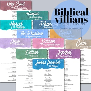 May include: A collection of 12 Bible tip-ins, each featuring a different biblical villain. Each card has the villain's name, a brief description, key verses, character traits, and other information. The title "Biblical Villains" is displayed.