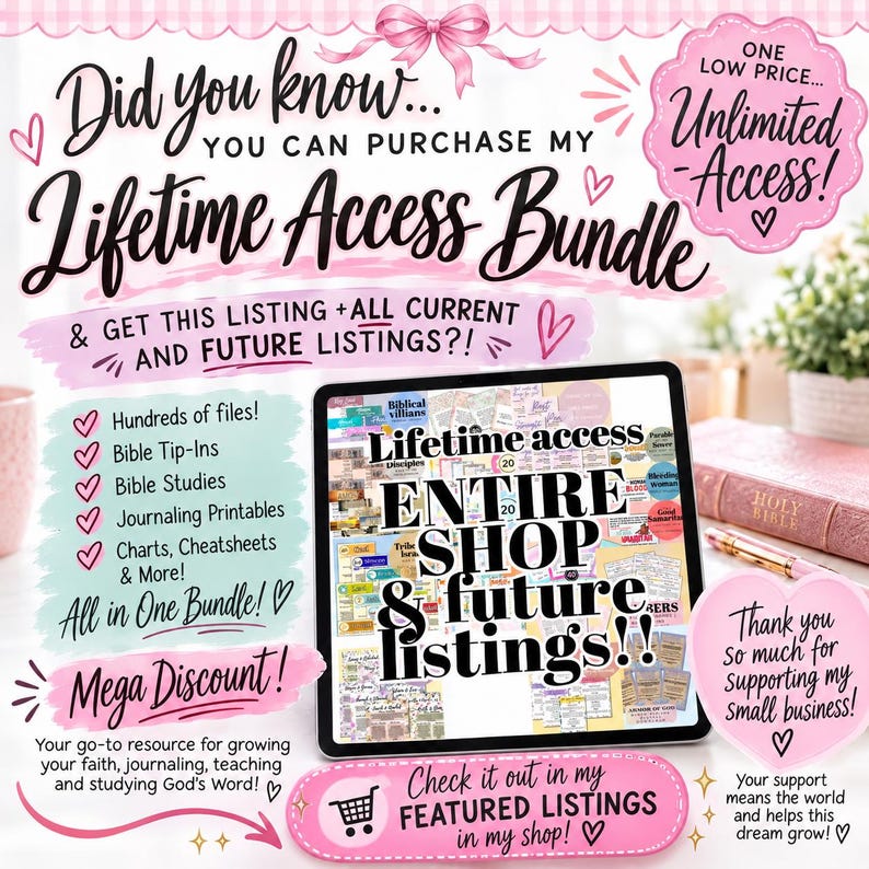May include: A digital advertisement for a lifetime access bundle featuring text that reads Did you know you can purchase my Lifetime Access Bundle and get this listing plus all current and future listings. A tablet displays a collage of printables.