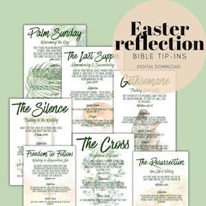 May include: A collection of white rectangular cards titled Easter reflection Bible tip-ins digital download. Each card features green text and botanical illustrations, detailing religious themes like Palm Sunday, The Last Supper, and The Resurrection.