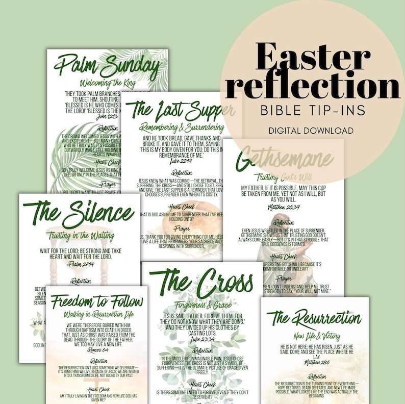 May include: A collection of white rectangular cards titled Easter reflection Bible tip-ins digital download. Each card features green text and botanical illustrations, detailing religious themes like Palm Sunday, The Last Supper, and The Resurrection.