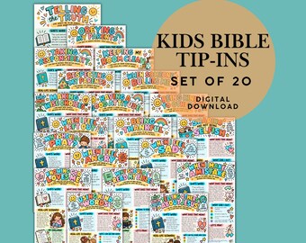 Op de afbeelding: Een set van 20 printbare kaarten getiteld Kids Bible Tip-Ins, met geïllustreerde thema's zoals de waarheid spreken, ouders gehoorzamen en dankbaar zijn. Elke kaart bevat bijbelverzen, scenario's en uitdagingen.
