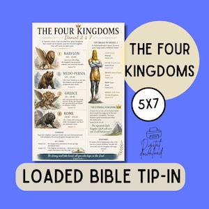 以下が含まれることがあります： The Four Kingdoms Daniel 2 & 7と題された長方形のバイブル・チップイン・プリント。翼のあるライオン、クマ、4枚の翼を持つヒョウ、獣のイラストが描かれています。中央には黄金の像、テキストの要約、重要な聖句が含まれています。