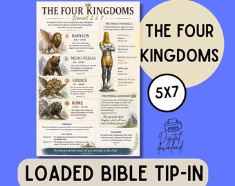 May include: A rectangular Bible tip-in print titled The Four Kingdoms Daniel 2 & 7, featuring illustrations of a winged lion, a bear, a leopard with four wings, and a beast. It includes a central golden statue, text summaries, and key verses.
