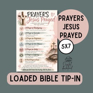 Może przedstawiać: Wydrukowana karta zatytułowana PRAYERS Jesus Prayed, zawierająca zbiór siedmiu modlitw z Ewangelii. Projekt zawiera akwarelowe ilustracje krzyży, korony cierniowej i serc, wraz z tekstem szczegółowo opisującym poszczególne modlitwy i odniesienia biblijne.